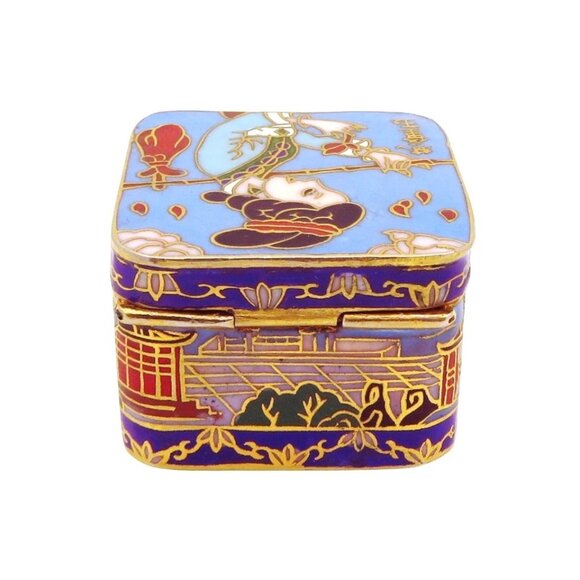 Vintage Oriental Chinese Geisha Cloissone Enamel Pill Trinket Box - Picture 7 of 8